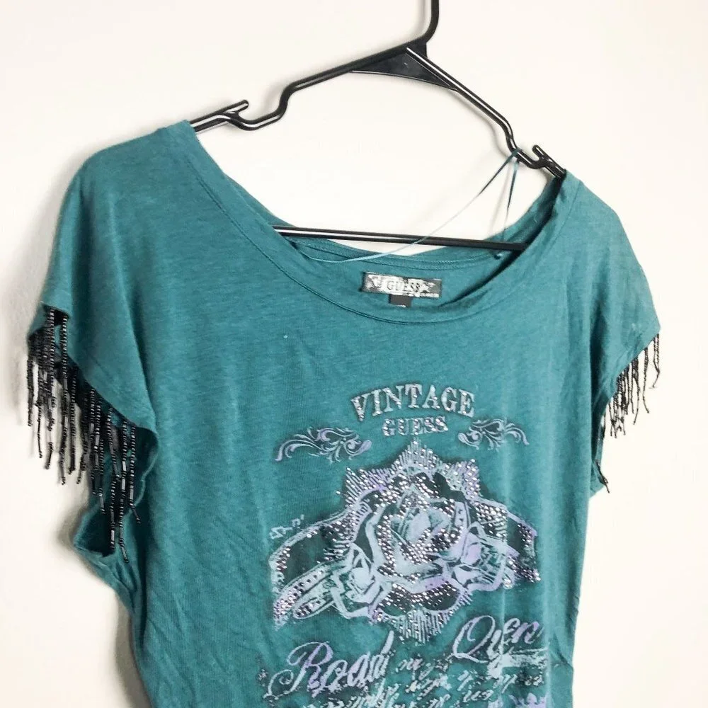 Guess Rhinestone Fringe Sleeve Cropped Baby Tee Team XS - Picture 3 of 7